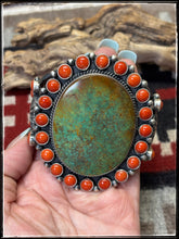 Load image into Gallery viewer, Kevin Billah, Navajo silversmith. Sterling silver, coral and turquoise mega cuff.
