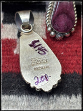 Load image into Gallery viewer, Robert Shakey, Navajo silversmith.  Sterling silver and purple spiny oyster shell pendants.  Hallmark stamp. 
