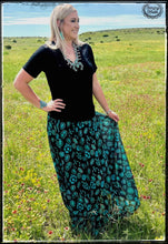 Load image into Gallery viewer, A vibrant turquoise squash blossoms and a black slip underneath maxi skirt

