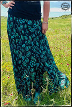Load image into Gallery viewer, A vibrant turquoise squash blossoms and a black slip underneath maxi skirt
