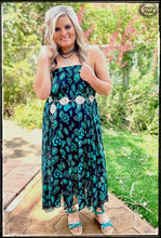 Load image into Gallery viewer, A vibrant turquoise squash blossoms and a black slip underneath maxi skirt - maxi dress style
