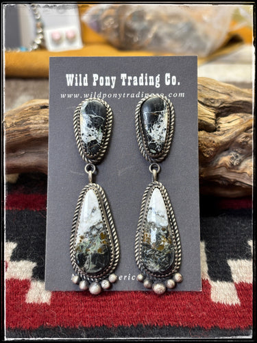 LaRose Ganadonegro Navajo silversmith.  Sterling silver and White Buffalo double drop earrings.  