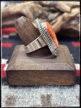 Load image into Gallery viewer, Walter Vandaveer, Navajo silversmith.  Sterling silver and 0range spiny oyster shell heart shaped ring with an adjustable band. 
