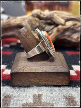 Load image into Gallery viewer, Walter Vandaveer, Navajo silversmith.  Sterling silver and 0range spiny oyster shell heart shaped ring with an adjustable band. 
