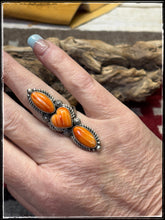 Load image into Gallery viewer, Robert Shakey, Navajo silversmith.  Orange spiny oyster shell and sterling silver elongated ring  
