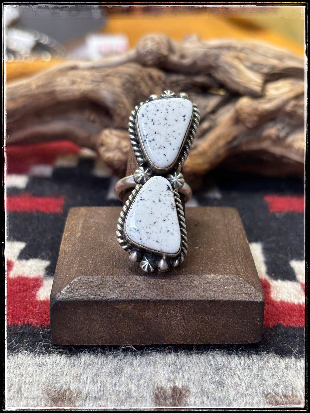 Alfred Martinez, Navajo silversmith.  Sterling silver and white magnesite double stone ring. Adjustable band. 