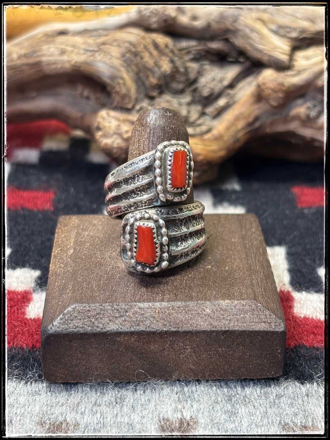 Del Arviso, Navajo silversmith. Sterling silver and coral, tufa cast ring. 