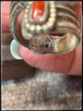 Load image into Gallery viewer, Del Arviso, Navajo silversmith. Sterling silver and coral, tufa cast ring.   Hallmark stamp. 
