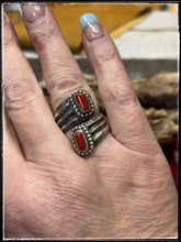 Load image into Gallery viewer, Del Arviso, Navajo silversmith. Sterling silver and coral, tufa cast ring. 
