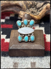 Load image into Gallery viewer, Priscilla Reeder, Navajo silversmith.  Sterling silver, turquoise and mother of pearl, bow style ring. Size 8 1/2, 
