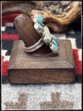 Load image into Gallery viewer, Priscilla Reeder, Navajo silversmith.  Sterling silver, turquoise and mother of pearl, bow style ring. Size 8 1/2, 
