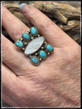 Load image into Gallery viewer, Priscilla Reeder, Navajo silversmith.  Sterling silver, turquoise and mother of pearl, bow style ring. Size 8 1/2, 
