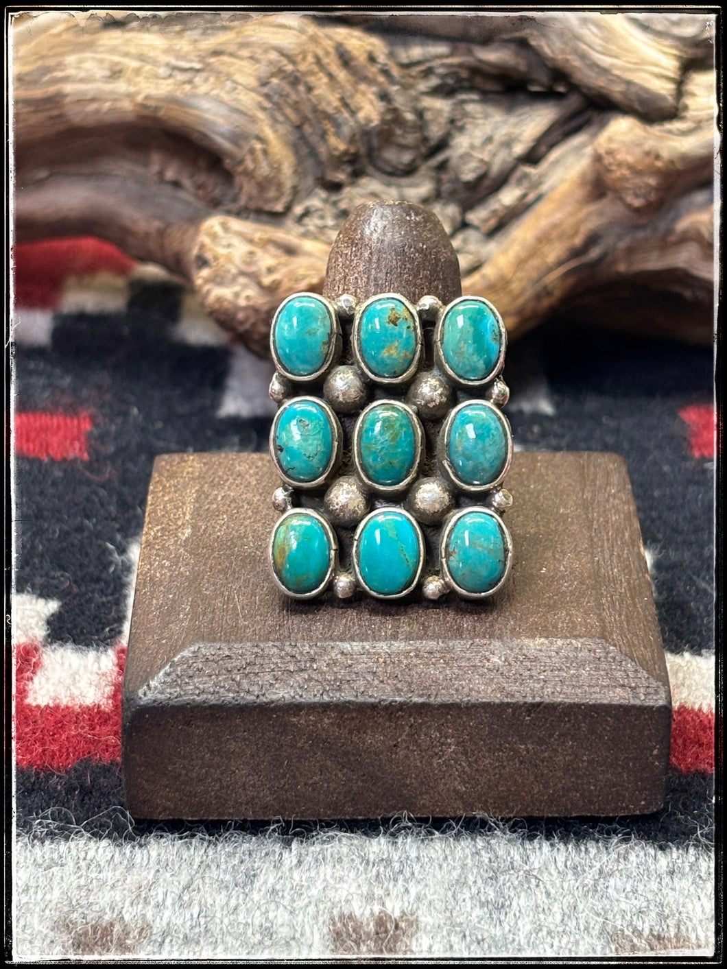 Priscilla Reeder, Navajo silversmith.  Sterling and green turquoise square ring.  