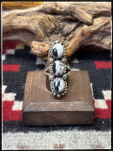 Load image into Gallery viewer, Robert Shakey, Navajo silversmith.  Sterling silver and White Buffalo triple stone bar ring.
