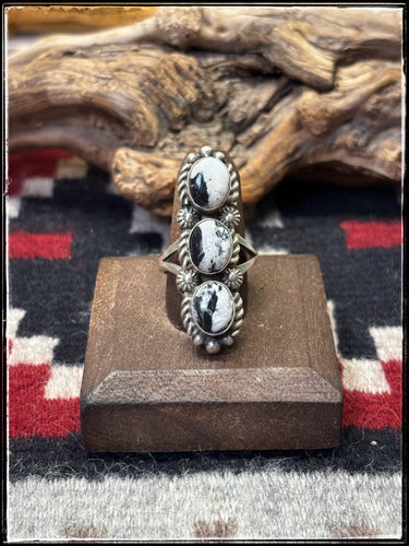 Robert Shakey, Navajo silversmith.  Sterling silver and White Buffalo triple stone bar ring.