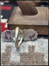 Load image into Gallery viewer, Robert Shakey, Navajo silversmith.  Sterling silver and White Buffalo triple stone bar ring.  Hallmark stamp. 
