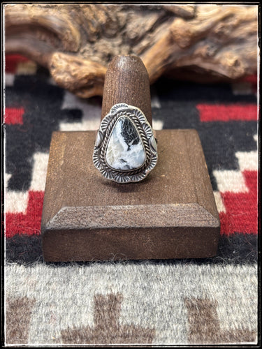 Freda Martinez, Navajo silversmith.  Sterling silver and white buffalo ring. Size 7. 