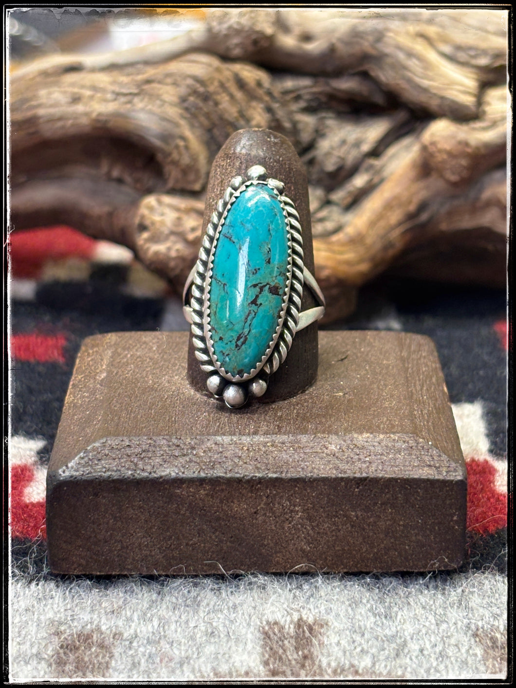 Freda Martinez, Navajo silversmith.  Sterling silver and Kingman turquoise ring.