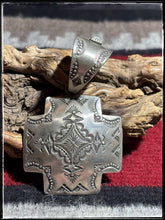 Load image into Gallery viewer, Vincent Platero Navajo silversmith.  Sterling silver xl pendant 4 corner cross. 
