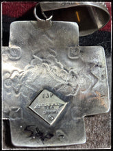 Load image into Gallery viewer, Vincent Platero Navajo silversmith.  Sterling silver xl pendant 4 corner cross.  Hallmark. 
