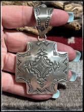 Load image into Gallery viewer, Vincent Platero Navajo silversmith.  Sterling silver xl pendant 4 corner cross. 
