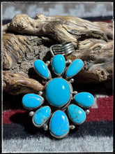 Load image into Gallery viewer, Sterling silver and turquoise cluster style pendant from Navajo silversmith Travis Jim. 
