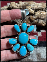 Load image into Gallery viewer, Sterling silver and turquoise cluster style pendant from Navajo silversmith Travis Jim. 
