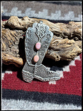 Load image into Gallery viewer, Del Aviso, Navajo silversmith. Sterling silver and either pink conch or kingman turquoise stone boot pendants. 
