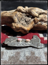 Load image into Gallery viewer, Del Aviso, Navajo silversmith. Sterling silver and either pink conch or kingman turquoise stone boot pendants. 
