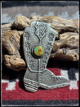 Load image into Gallery viewer, Del Aviso, Navajo silversmith. Sterling silver and either pink conch or kingman turquoise stone boot pendants. 
