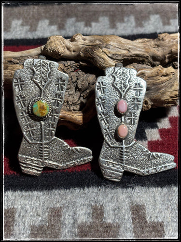 Del Aviso, Navajo silversmith. Sterling silver and either pink conch or kingman turquoise stone boot pendants. 