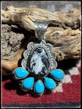 Load image into Gallery viewer, Kee Johnson, Navajo silversmith.  Sterling silver, White Buffalo, and kingman turquoise pendants.   B
