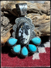 Load image into Gallery viewer, Kee Johnson, Navajo silversmith.  Sterling silver, White Buffalo, and kingman turquoise pendants.   C
