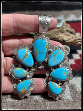 Load image into Gallery viewer, Sterling silver and Kingman turquoise Naja pendant from Navajo silversmith Kee Johnson. 
