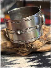 Load image into Gallery viewer, Fred Begay, sterling silver and turquoise thunderbird cuff with a vintage feel. Side view. 
