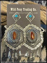 Load image into Gallery viewer, Terry Charlie sterling silver, turquoise, and orange spiny earrings with dangles
