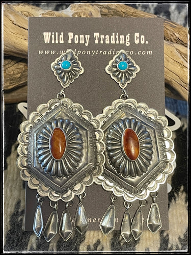 Terry Charlie sterling silver, turquoise, and orange spiny earrings with dangles