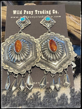Load image into Gallery viewer, Terry Charlie sterling silver, turquoise, and orange spiny earrings with dangles
