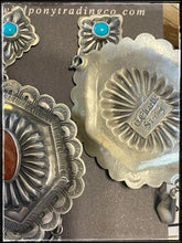 Load image into Gallery viewer, Terry Charlie sterling silver, turquoise, and orange spiny earrings with dangles - hallmark tag
