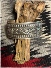 Load image into Gallery viewer, Handstamped, sterling silver cuff from Navajo silversmith Sunshine Reeves.
