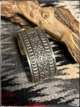 Load image into Gallery viewer, Handstamped, sterling silver cuff from Navajo silversmith Sunshine Reeves.
