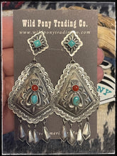 Load image into Gallery viewer, Terry Charlie sterling silver, turquoise, and coral earrings with dangles
