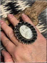 Load image into Gallery viewer, Sterling silver, White Buffalo,and Onyx cluster ring from Navajo silversmith Linda Yazzie. 
