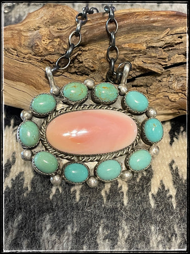 Maxine Rameriz, Kingman turquoise and pink conch cluster necklace on a 16 inch chain