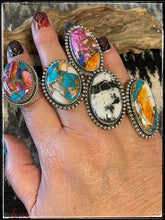 Load image into Gallery viewer, Larry Hurley sterling silver and a mix of &quot;Mojave turquoises&quot; and white buffalo rings
