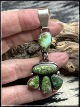 Load image into Gallery viewer, Betty Tom, Navajo silversmith. Sonoran Gold pendants in light blue and deep green.   deep green
