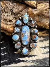 Load image into Gallery viewer, Sheila Tso, Navajo silversmith.  Golden Hills turquoise cluster ring.  

