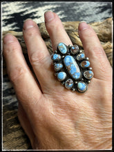 Load image into Gallery viewer, Sheila Tso, Navajo silversmith.  Golden Hills turquoise cluster ring.  
