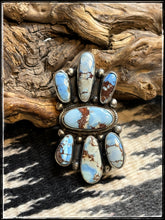 Load image into Gallery viewer, Sterling silver and Golden Hills turquoise cluster ring from Navajo silversmith Sheila Tso. 

