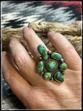 Load image into Gallery viewer, Jaunita McDonald, Navajo silversmith.  Sonoran Gold turquoise cluster ring. 
